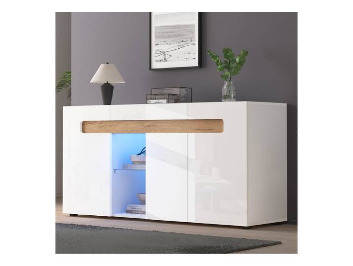 Odikalo Sideboard Anrichte Schließfach Aufbewahrung Schrank Glasboden Hochglanz Weiß, 140x40x70 cm