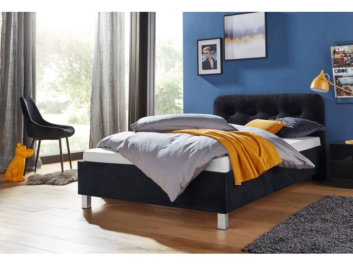 Polsterbett, Microfaser oder Strukturstoff, Schwarz, 130×210 cm, Bonnell-Federkernmatratze, H2, Westfalia