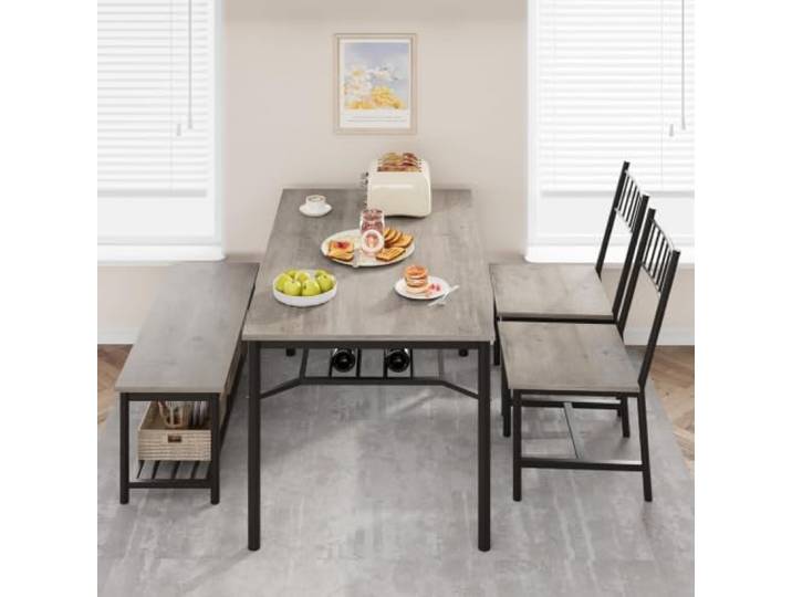 Esstisch und Stühle Set mit Sitzbank, kompaktes Esstisch-Set für 4 Küchentisch und Stühle Set mit Aufbewahrungsregalen, platzsparendes Esszimmerset Möbel für Zuhause Restaurant, Grau