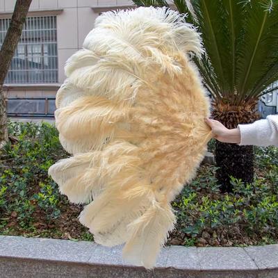 Uplifted Finds Grand Ostrich Feather Folding Fan   Professional Stage & Carnival Dance Fan deep Beige 130 Cm 1 Pcs