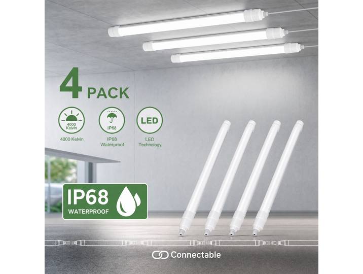 Lot de 4 lampes LED connectables pour salle humide, 120 cm, 36 W, 4000 lm, IP68, plafonnier pour garage, entrepôt, local technique
