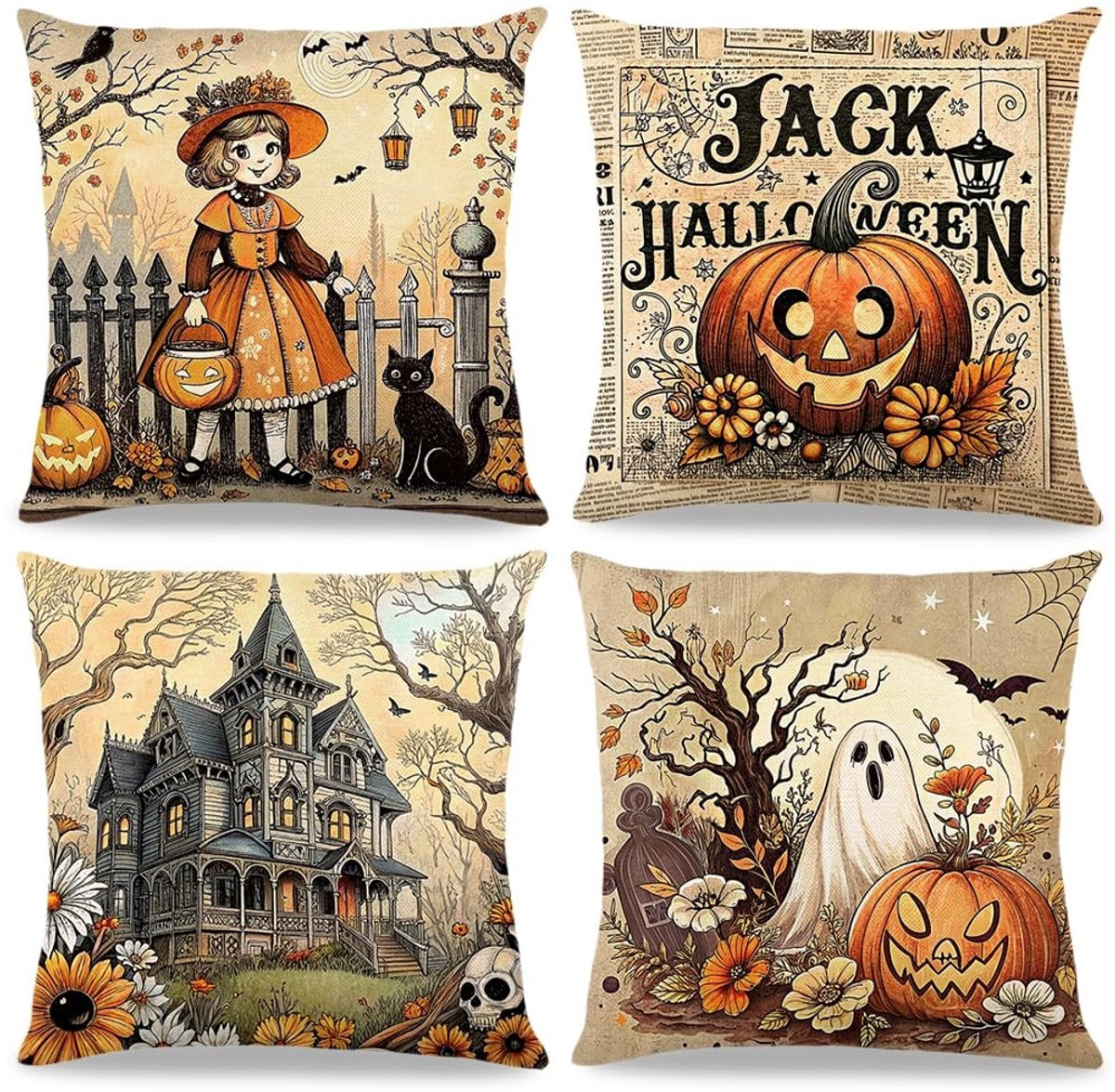 Solidchoice - Set van 4 Halloween kussenhoezen, 40 x 40 cm