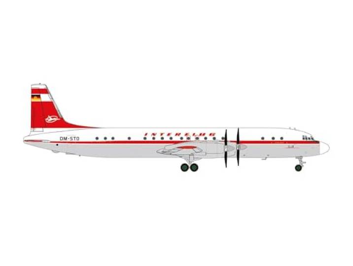 Herpa Modellflugzeug Interflug Ilyushin IL-18 – DM-STO, Miniatur im Maßstab 1:200, Sammlerstück, Modell ohne Standfuß, Metall