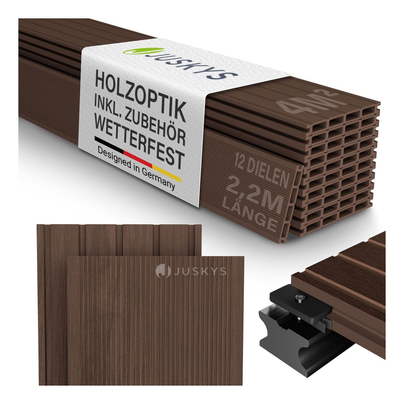 Juskys WPC Terrassendielen 4 m² – 220 cm Dielen, wetterfest inkl. Unterkonstruktion – Braun