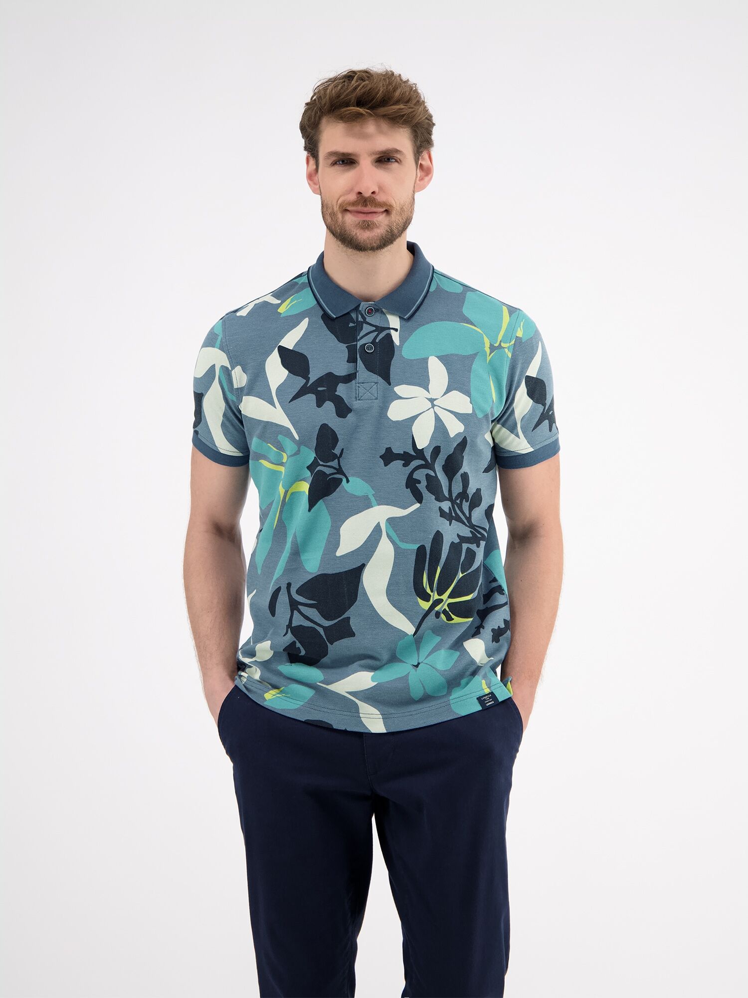 Poloshirt LERROS "Poloshirt, sommerlich-floral gemustert", Herren, Gr. XL, blau (crispy blau), 100% Baumwolle, ohne Ausschnitt, Shirts Poloshirt crispy blau XL