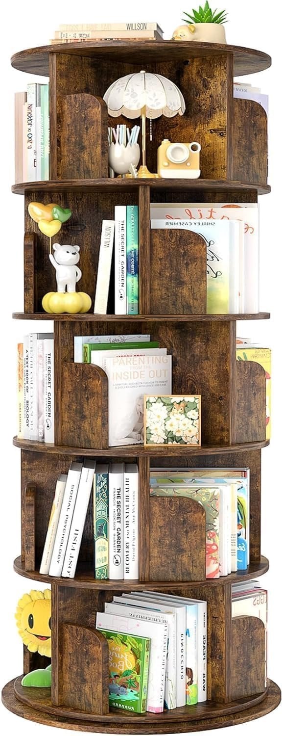 Multifunctionele 5-laagse houten roterende boekenplank met 360 graden draaibaar display, bruin