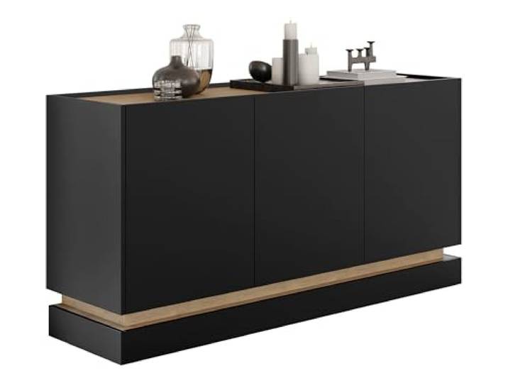 Mirjan24 Sideboard Zarpant K160 3D mit 3 Türen (Schwarz) Griffloses Sideboard mit Soft-Close-Scharnieren und 6 Innenfächern für Geschirr, Deko und Wohnaccessoires