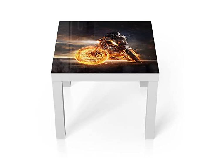 DEQORI Glastisch weiß klein 55x55 cm Motiv Mann auf Feuerstuhl ausgefallener Beistelltisch aus Glas Hochglanz Couchtisch fürs Wohnzimmer moderner Couch Tisch mit Design