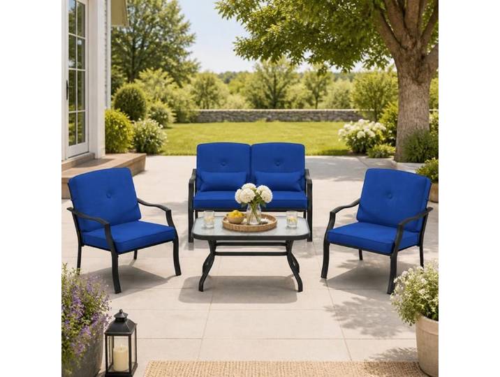 Ensemble terrasse 4 pièces - PAGE LIVING - Set conversation extérieur - Bleu marine - Coussins déhoussables - Cadre métal 150-300 kg