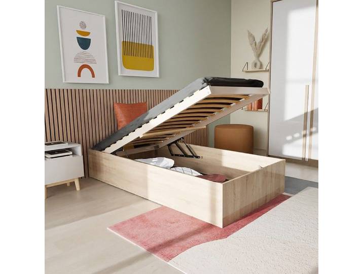 Lit coffre BILBAO 90x200 cm + sommier / Décor chêne blanchi