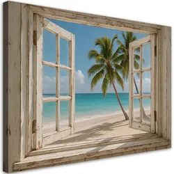 LEINWANDBILD Fensterblick auf Shabby Chic Palmen am Strand 100x70cm