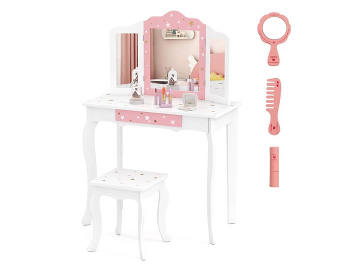 Kinderkaptafel Prinses Kaptafel met Lade Inklapbare Spiegel met Kaptafel Wit