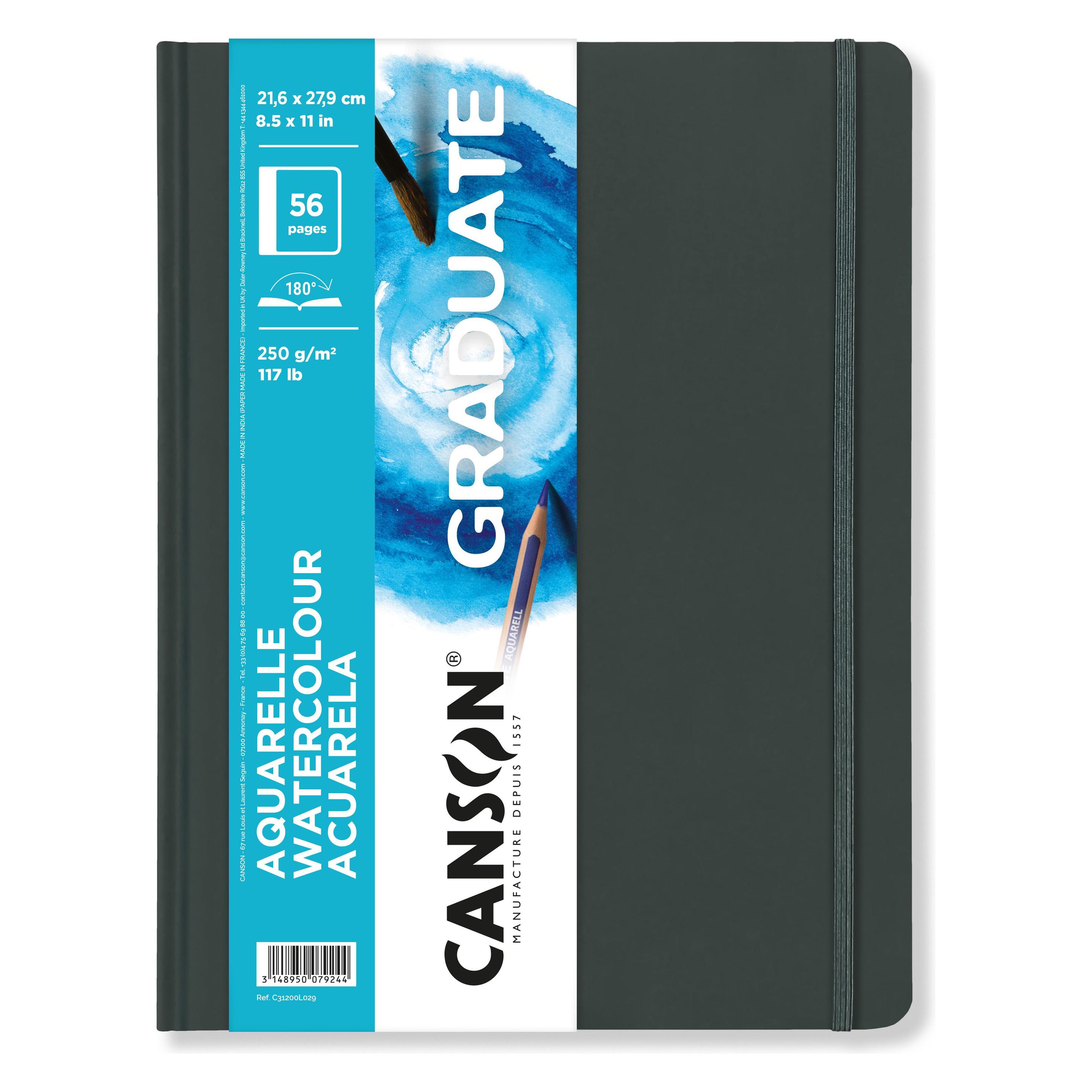 Canson Skizzenbuch GRADUATE Aquarelle, 216 x 279 mm schwarz, 28 Blatt, fein gekörntes Papier 250 g/qm, Hard (A4, Blanko, Harter Einband) (C31200L029)