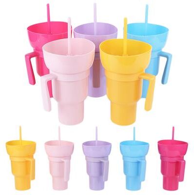 Uplifted Trends Snack And Drink Cup With Straw Handle Stadium Tumbler For Movies Travel And Home pink
