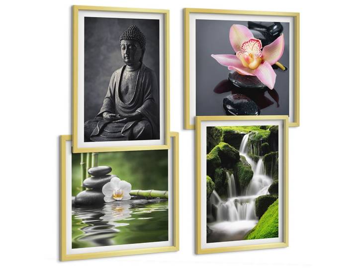 BILDER SET 4er Set - 50x50 cm & 40x60 cm Goldrahmen - Zen-Gemälde, Wassersteine, Buddha