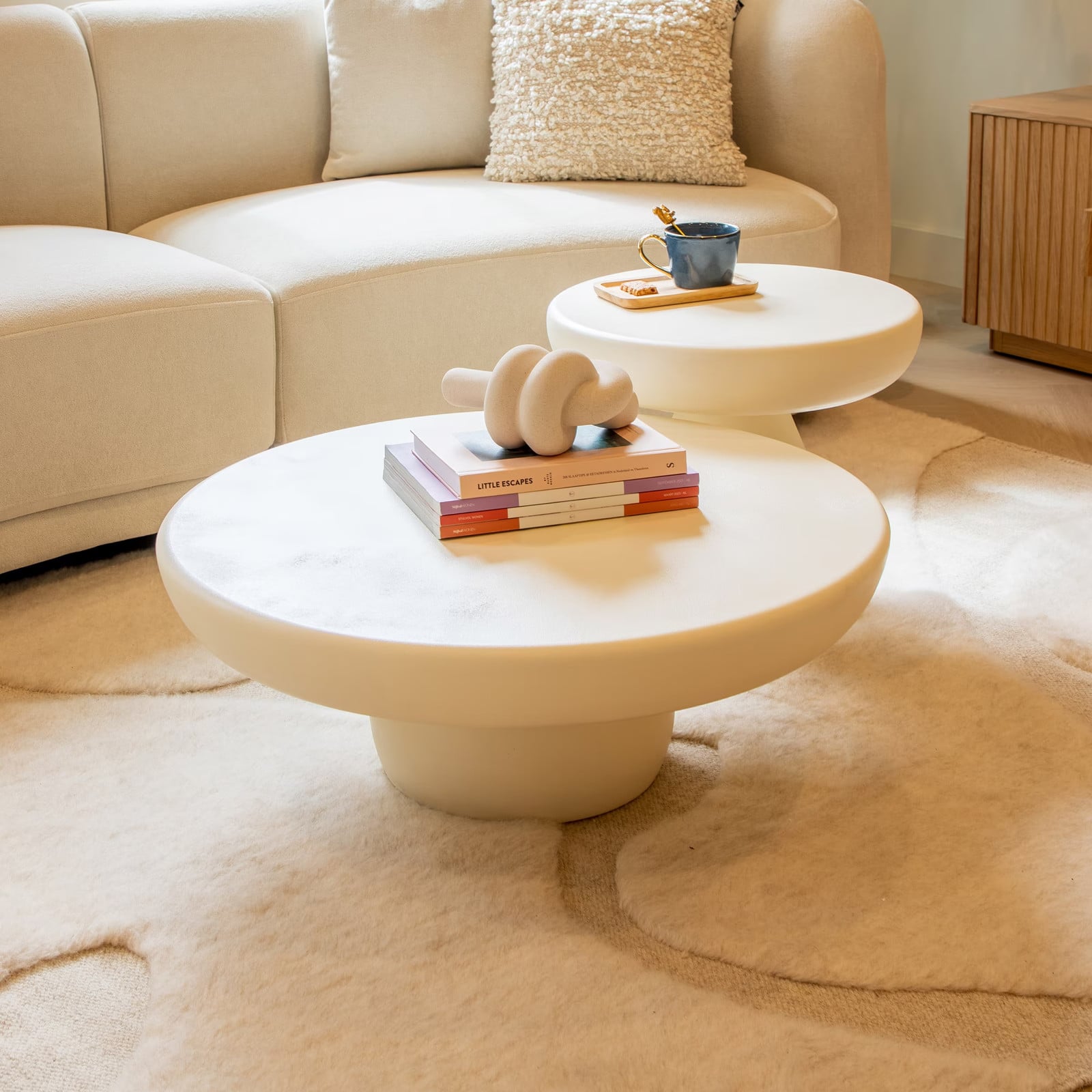 Sohome Ronde Salontafel Jake Set van 2 stuks, Beton, Wit, Japandi