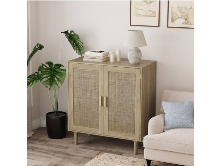 Buffet haut QAVRYL 80 x 40 x 88 cm 2 portes magnétiques en rotin MDF naturel