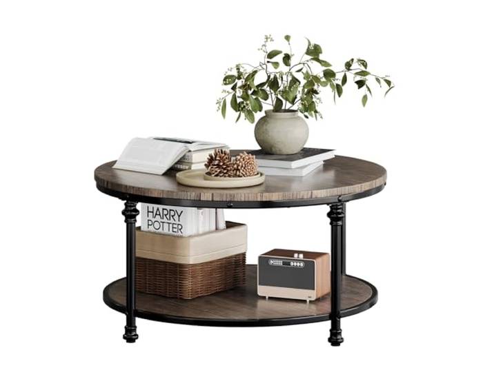 Litake 30,5 Zoll Vintage Couchtisch Rund, Beistelltisch Rund mit 2 Ablagen Sofatisch Holz Ø 77 cm mit Ablage, Couchtisch Rund mit Massivholzoptik, Stabiles Metallgestell, Offenes Fach Einfache Montage
