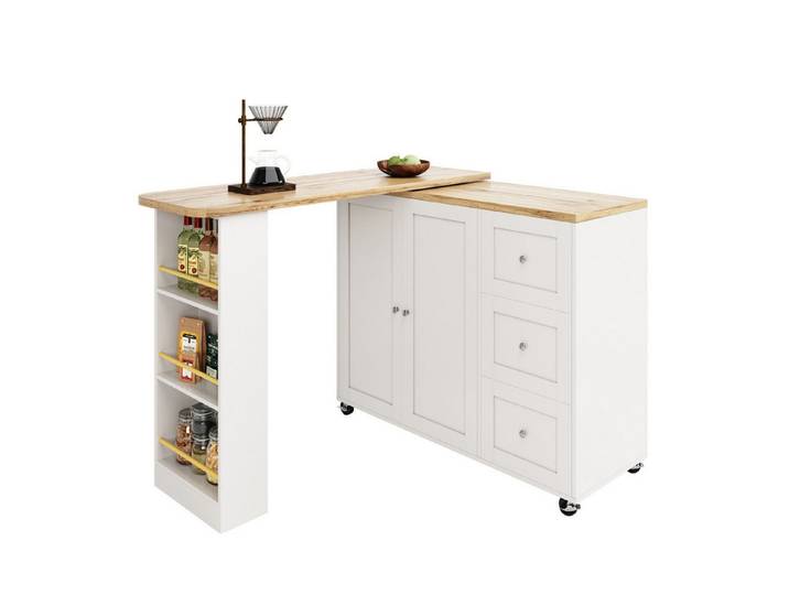 SeedWave Bartisch mit 360°-Drehfunktion und Aufbewahrungsmöglichkeiten,138-209x39x104 cm, Bartisch mit silbernen Griffen und feststellbaren Rollen ausgestattet