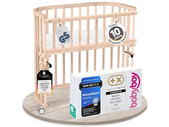 babybay Original Beistellbett aus massivem Buchenholz/kompakt & verwandelbar/Kinderbett Höhe stufenlos verstellbar/mitwachsendes Babybett (Natur unbehandelt) / inkl. Matratze, Gitter, Rollen