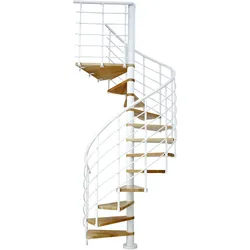 Dolle Spindeltreppe Oslo Ø120cm mit 315-345cm Geschosshöhe 14 Stufen 1 Podest Buche lackiert Geländer weiß, mitlaufende Kunststoffstäbe