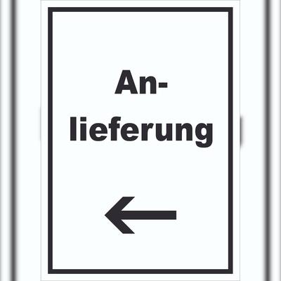 HB-Druck Anlieferung Schild mit Text und Richtungspfeil links Annahme hochkant A0 (841x1189mm)