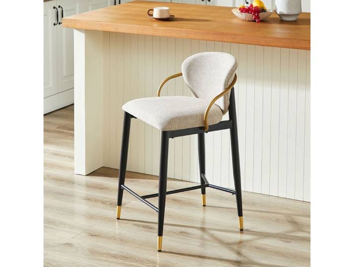 Tabouret De Bar Lot 2 Marron Clair Chenille - Chaise De Bar - Design Minimaliste Dossier Haut Pieds Noir Doré Patins Réglables