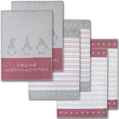 Geschirrtuch DYCKHOFF "Wichtel, mit Schriftzug Frohe Weihnachten, Streifen und Sternen", rot (rot, grau, weiß), B:50cm L:70cm, 100% Baumwolle, Geschirrtücher, Geschirrtuch, mit 3 verschiedenen Motiven, Maße je Tuch ca. 50x70 cm, 100% Baumwolle