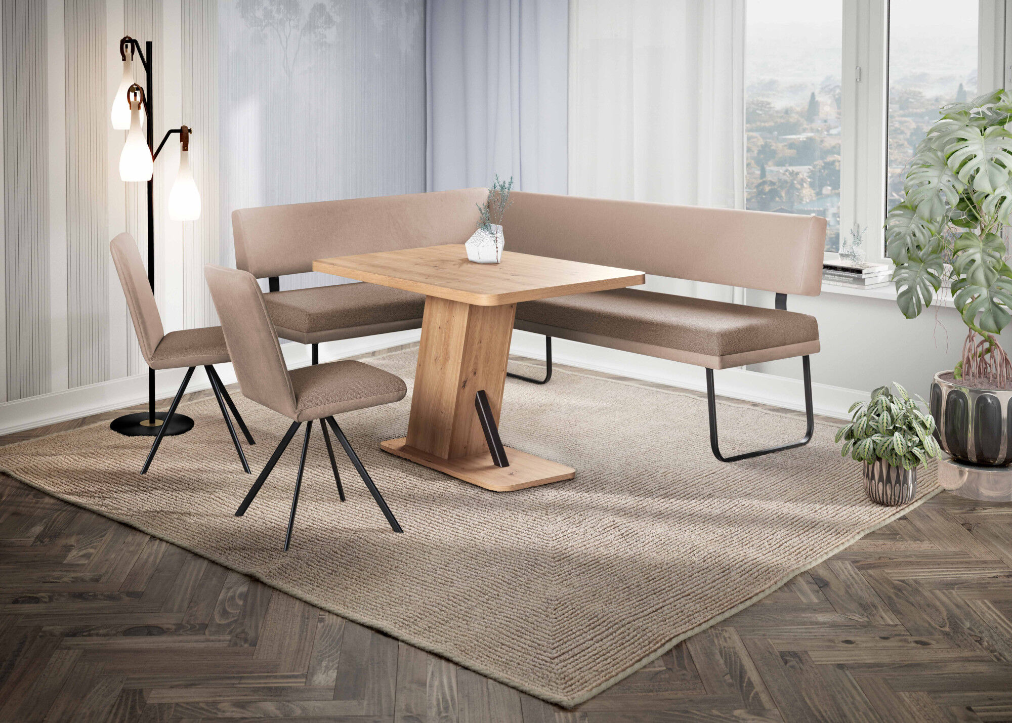 Eckbankgruppe OTTO HOME "Gabi Essecke, Sitzgruppe, Eckbankgruppe, Küchenbankgruppe", beige (dunkelbeige, taupe, schwarz), B:214cm H:87cm T:164cm, Holzwerkstoff, MDF, Massivholz, Metall, Polyester, Sitzmöbel-Sets, Eckbankgruppe, Gestell aus matt-schwarzem 