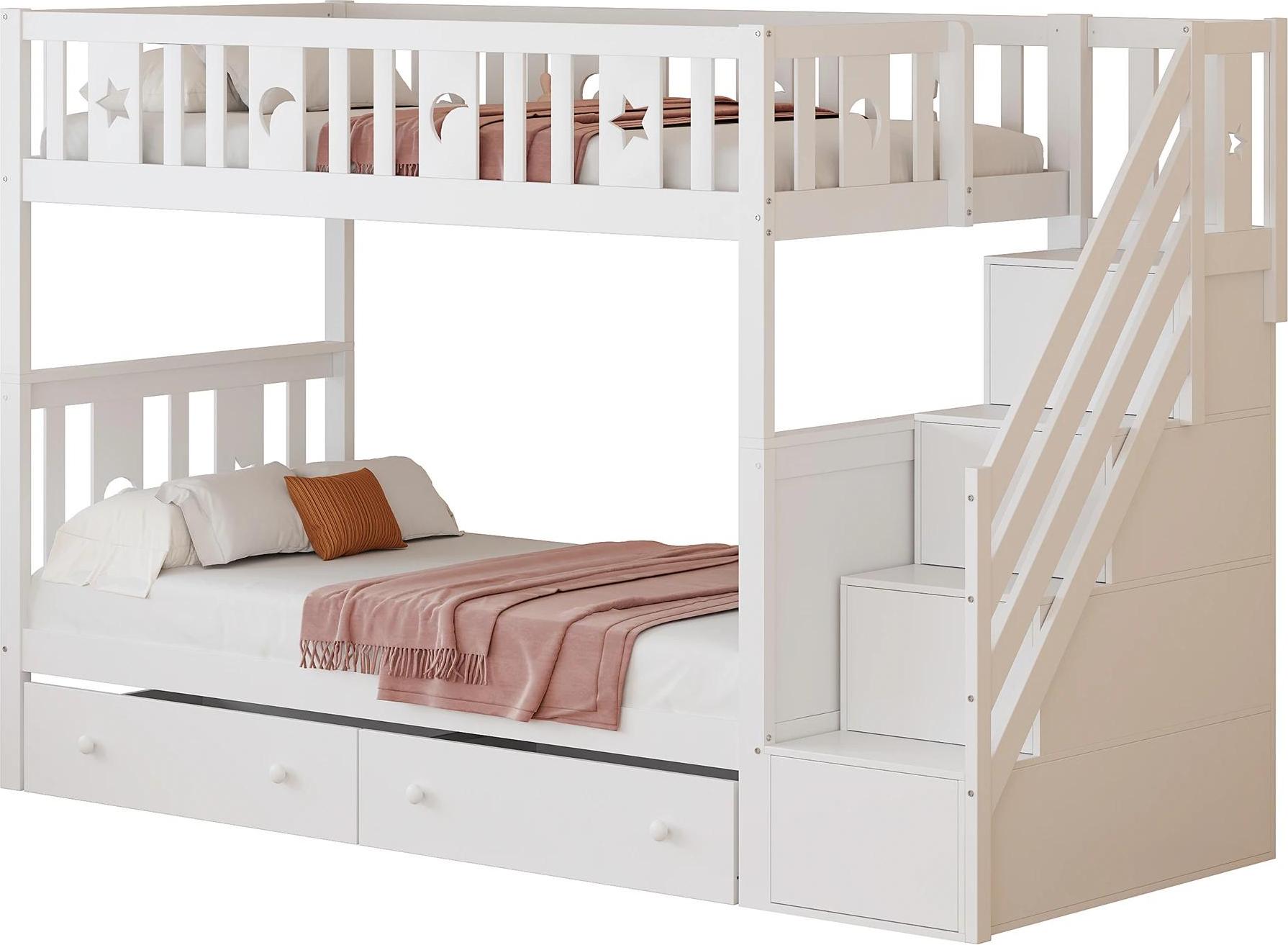 Kinderbett - Etagenbett/Stockbett 90x200 cm - Massivholz - Sicherheitstreppe mit Stauraum - 2 Große Schubladen - Schutzgitter - Weiß
