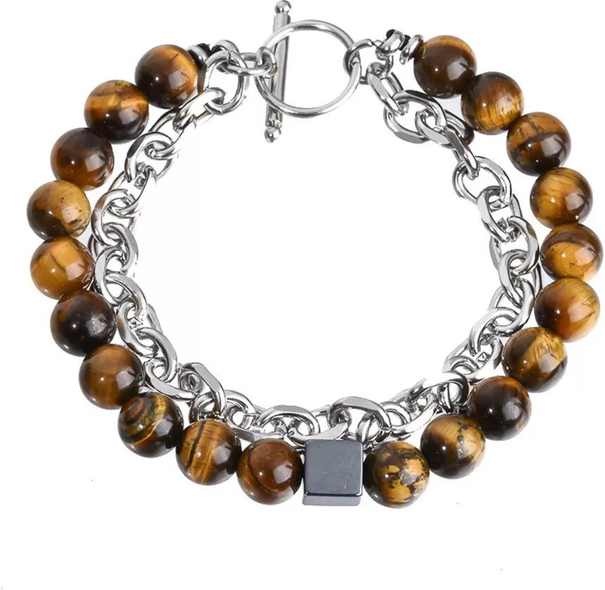 INF Einzigartiges Naturperlenarmband – Vulkangestein & Eisengliederkette
