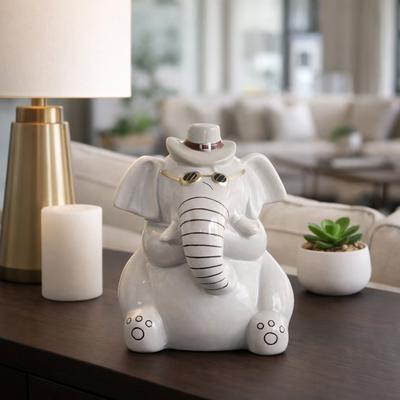Sagebrook Home "Ceramic Elephant Figurine with Hat and Eyeglasses - 6"", Gray & Black - 6.0"""