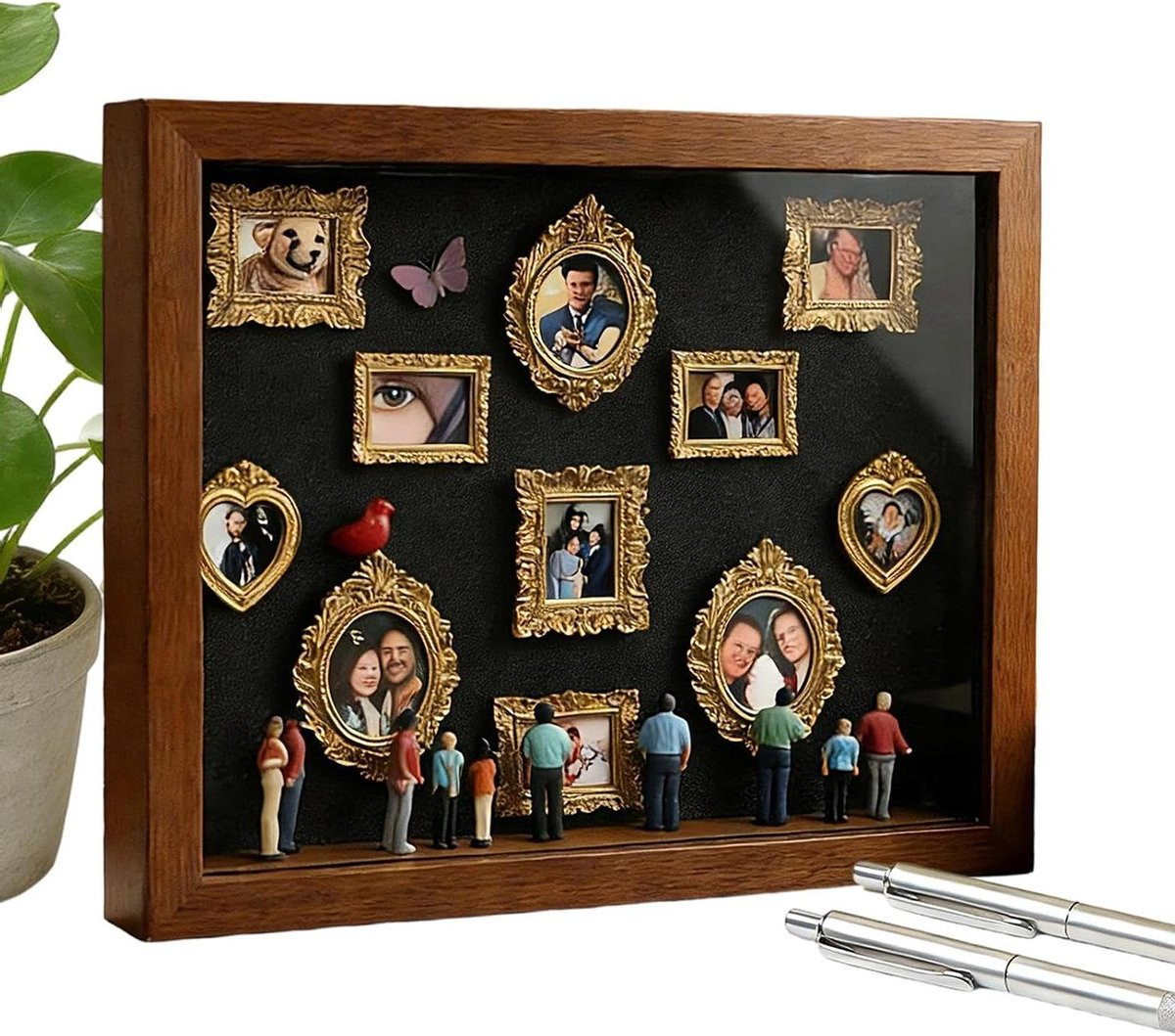 Mini Museum Doos Fotolijst Set met LED Verlichting en 11 Lijstjes - Bruin