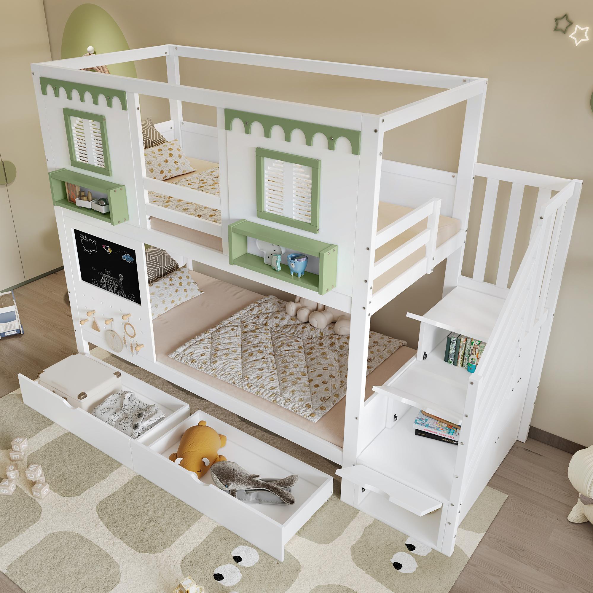 okwish Etagenbett 90x200 Kinderbett mit Zwei Schubladen und Treppenaufbewahrungs,Doppelbett mit kleinem Lochbrett-Bereich,Weiß+Grün(ohne Matratze)