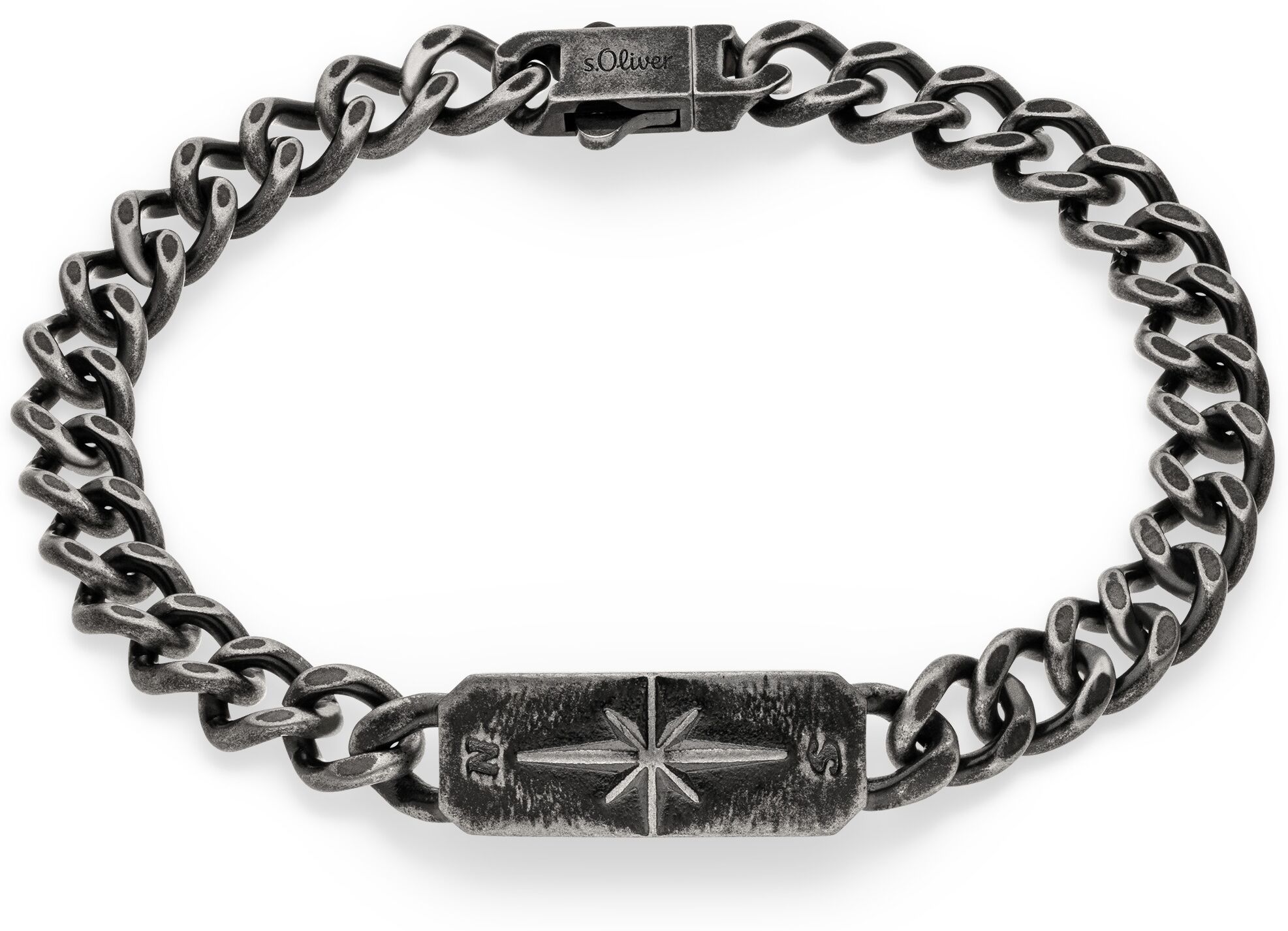 Armband S.OLIVER "Kompass-Optik", schwarz (gunfarben), Armbänder, Herren, 21cm, Edelstahl, Armband