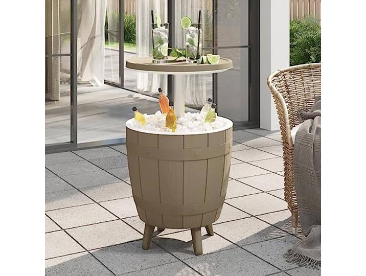 KPOUTRFG 3-in-1 Tisch mit Eiskühler Hellbraun Polypropylen UV-Beständig, Ablaufstöpsel, Holz-Optik, für Gartenparty