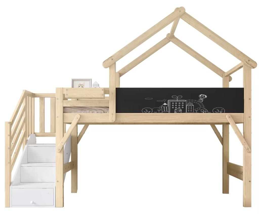 Multifunktionales Etagenbett - Hausdach-Design - 90 x 200 cm - Sicherheitsgitter - Holz - Ohne Stauraum - Weiß und Natur