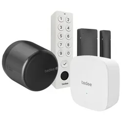 Tedee, Zutrittskontrolle, Set GO2 Alu schw, Bridge Keypad + Türsensor (Elektronische Zahlenkombination, Fingerabdruck, Smartphone)