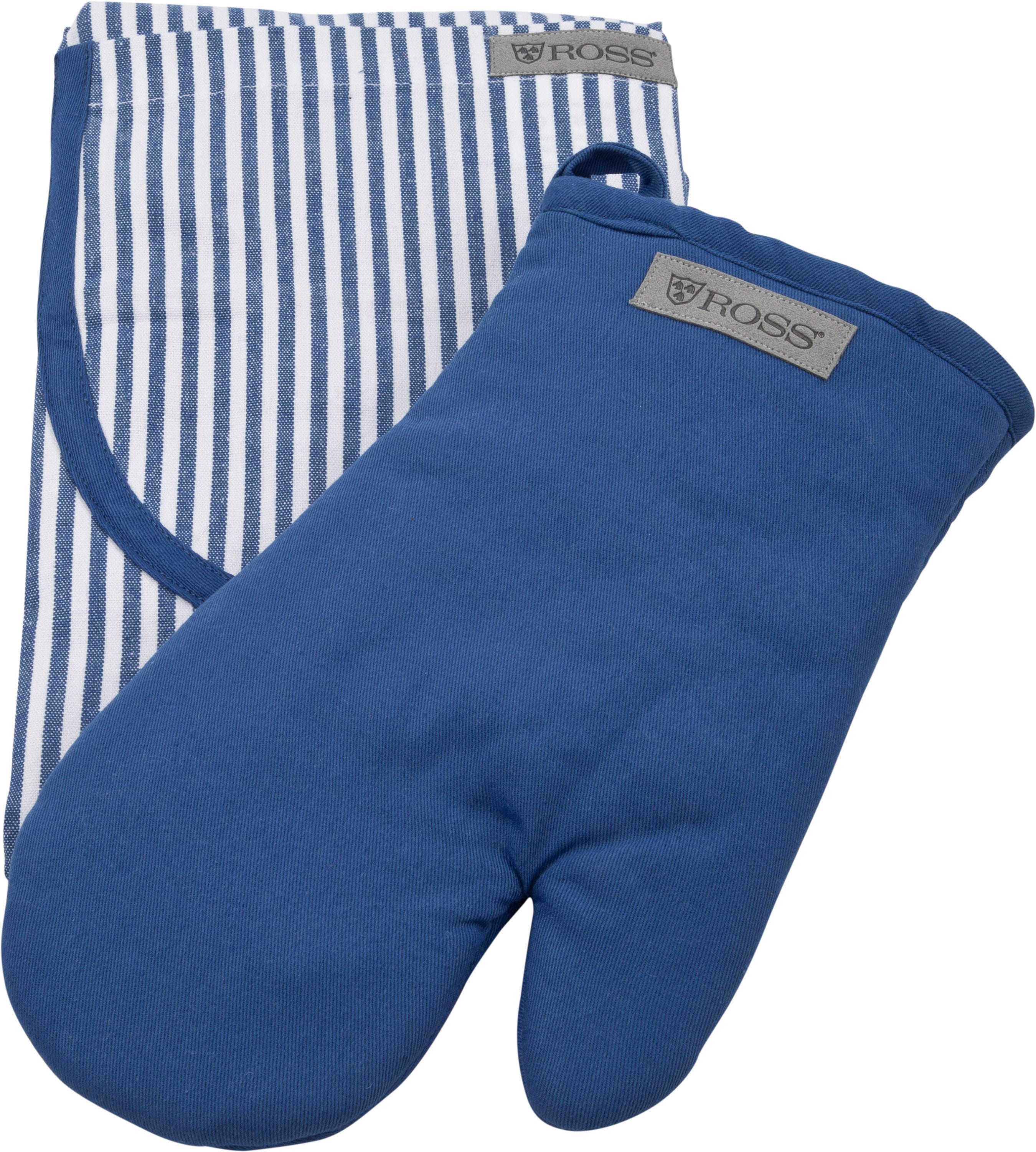 Grillhandschuhe ROSS "Exclusiv", blau, 100% Baumwolle, Topflappen, Grillhandschuhe, inkl. Latzschürze, 100% Baumwolle