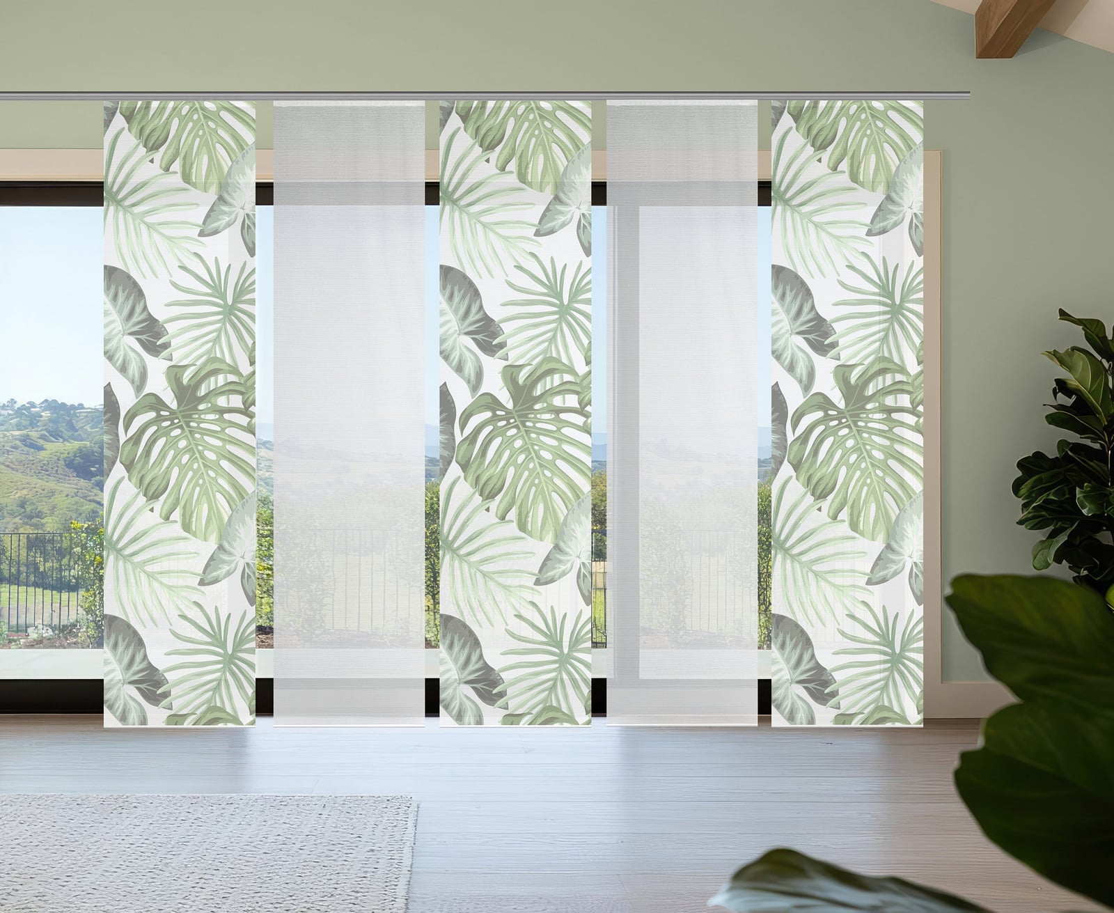 home24 Paneelgordijn Sanja Groen Floral Semi-transparant B: 60 cm, H: 260 cm, Set van 3