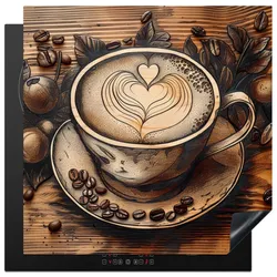 HERDABDECKPLATTE Kaffee - Vintage - Braun - Tasse - Holz Induktionsmatte 78x78 cm