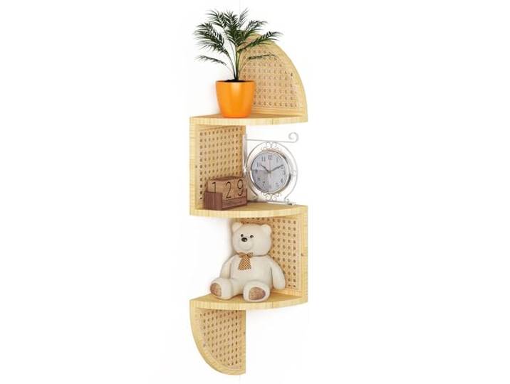 WOPITMER 3-stöckiges Eckregal – Holz-Rattan-Wandmontage, Zick-Zack-Hängeregale für Schlafzimmer, Wohnzimmer und Badezimmer