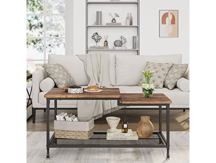 GarveeLife Industrieller Couchtisch – 2 Ebenen – Rechteckiger Wohnzimmertisch Aus Holz Mit Metallgestell Und Mesh-Ablage – Vintage-Look, Platzsparend, Stabil, Einfacher Aufbau