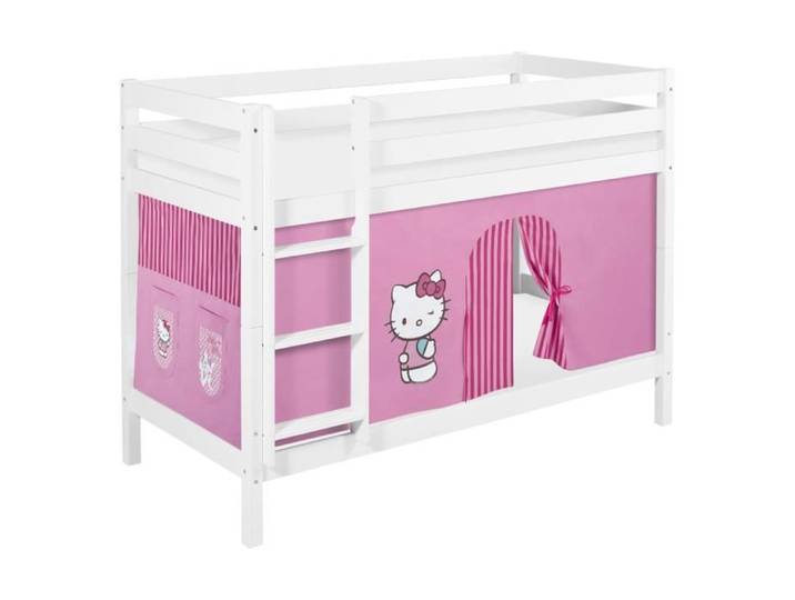 Lits superposés JELLE 90 x 190 cm Hello Kitty rose - avec rideaux et deux sommier à lattes - LILOKIDS - blanc laqué