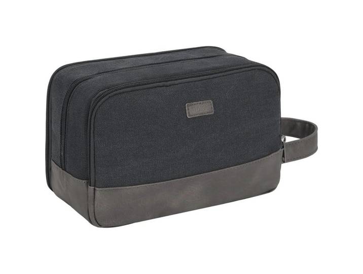 Kulturtasche Herren Schwarz Wasserabweisend Canvas Kunstleder 25 cm, 16x13x25 cm, Badaccessoires, Kosmetikdosen