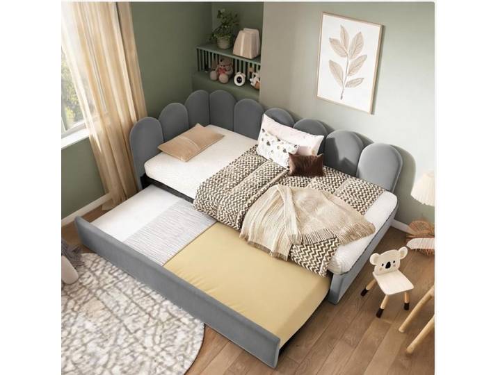 Canapé-lit 90x200 cm en velours gris classique avec tiroir gigogne 90x190 cm style enfant