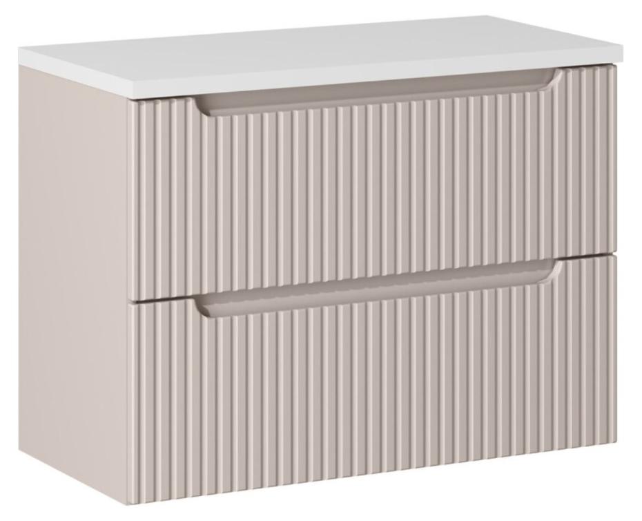 Set VANO Kaschmir und Weiß 80cm: Unterschrank mit vertikal gerillten Schubladen + weiße matte Oberfläche für Waschbecken