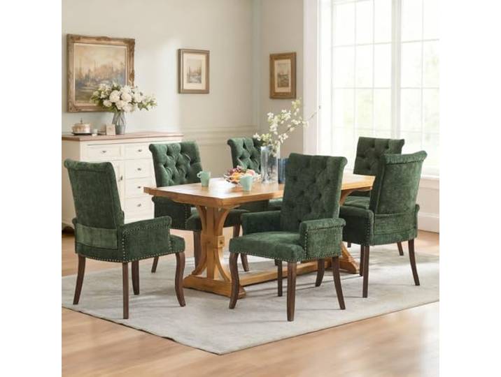 6er Set Chenille-Sessel Grün, Modernes Knopftuft-Design Weiches strapazierfähiges Chenille-Gewebe, stabile Massivholzbeine. Eleganter Stil für Wohn-, Ess- und Schlafzimmer.