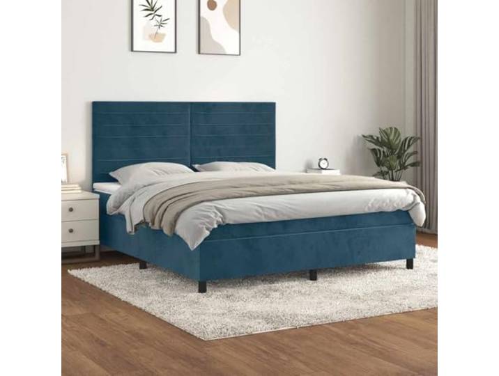 RJPLMFV Bettgestell, 180 x 200 cm, Velours, Dunkelblau Verstellbares Kopfteil, Taschenfederkernmatratze, mittelharte Unterstützung, weicher Matratzenschoner