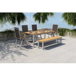 VILLANA Tasmania Garten-Essgruppe mit Bank und 4 Klappstühlen, silber/natur, Aluminium/Eukalyptus, Tisch 180 x 90 cm, FSC®-zertifiziertes Produkt
